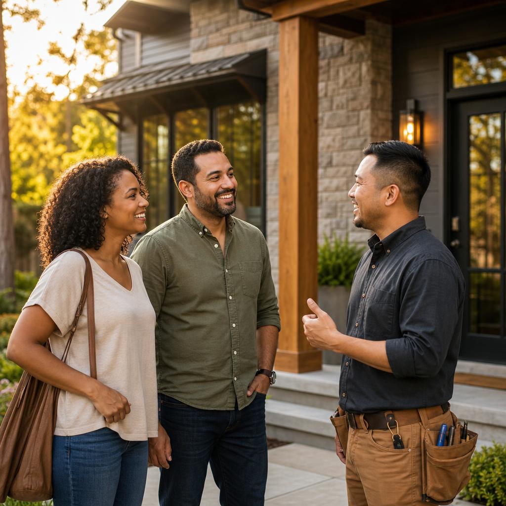 Satisfied homeowners looking at completed work